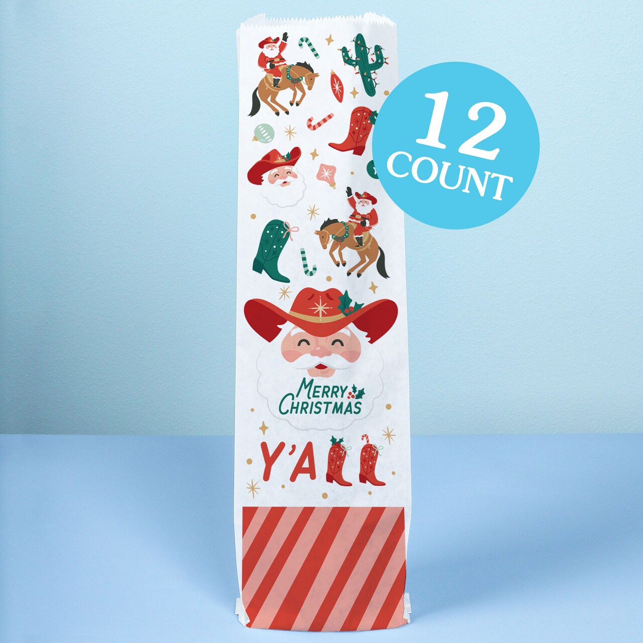 Big Dot of Happiness Christmas Cowboy Wine Gift Bags, Funny Western Santa Hostess Thank You Wine Bottle Gift Wrap, Bulk Holiday Paper Bags - 12 ct